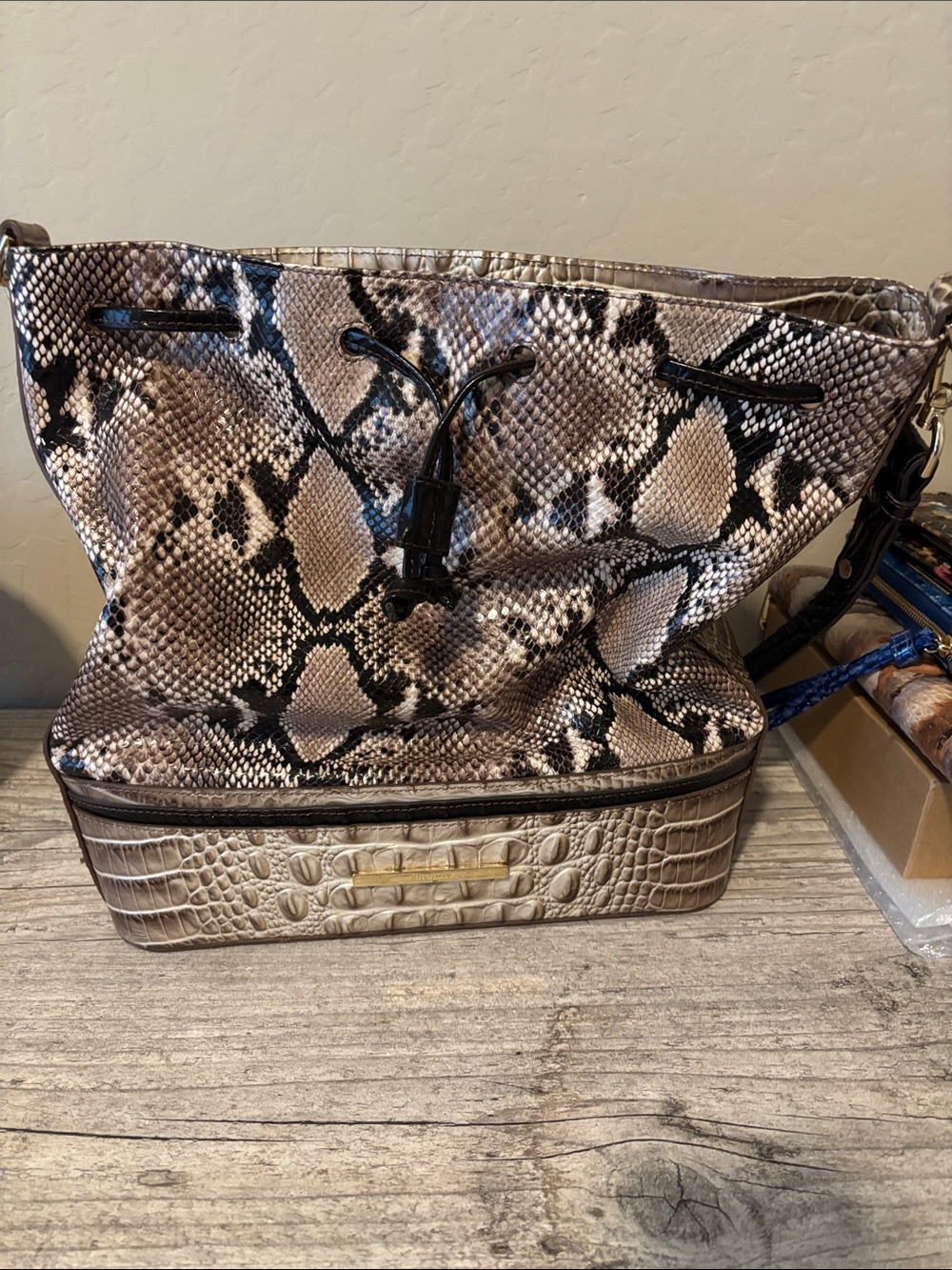 Brahmin Snake-Print Drawstring Tote with Croc-Effect Base - Beige and Black